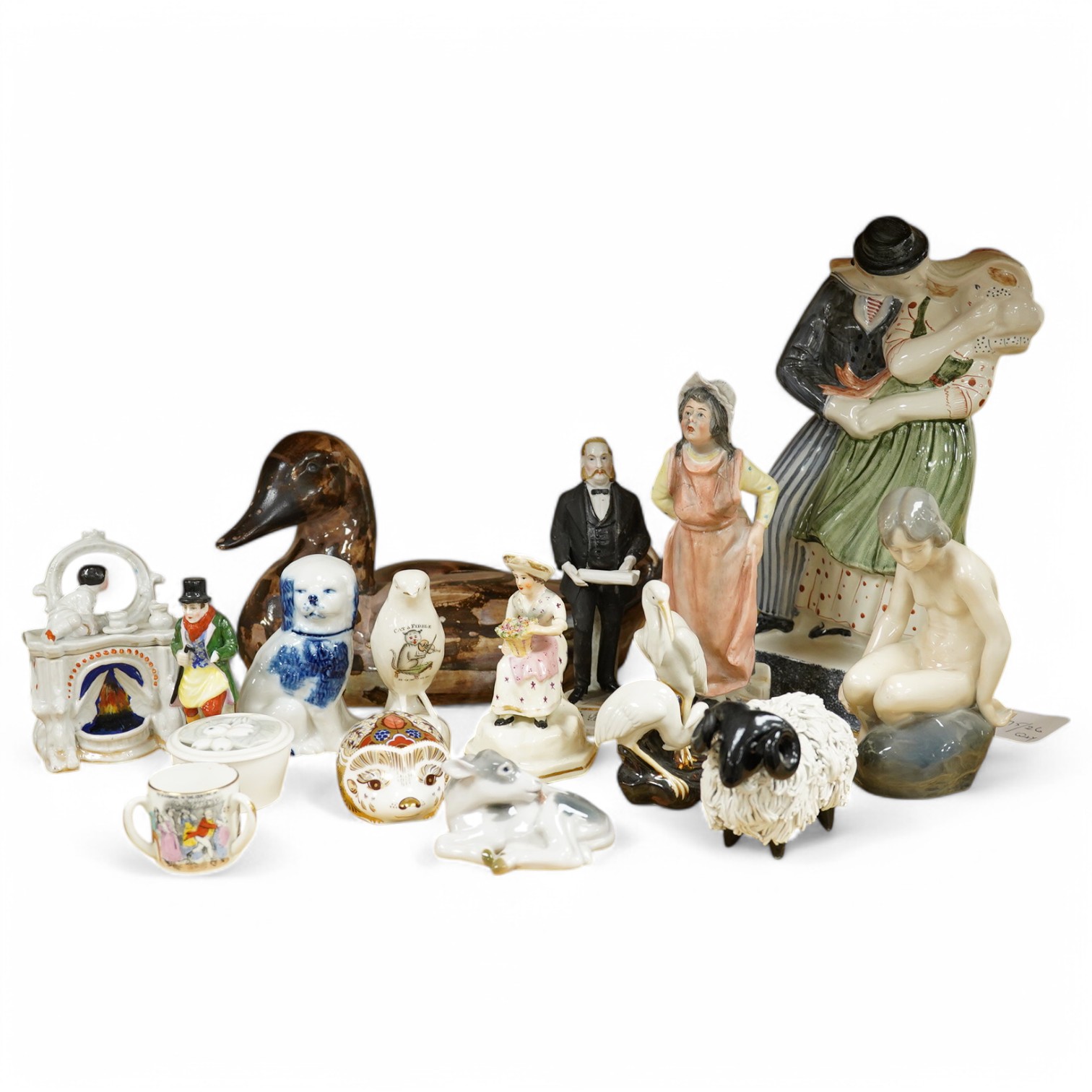 A Royal Copenhagen figure, model number 4027 and other sundry items to include duck tureen and figure group, etc., tallest (Rye figure group) 26cm high. Condition - a few, small items have damage